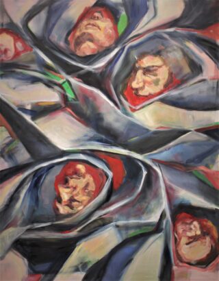 Abstraktes Gemälde von sechs älteren Gesichtern, jedes in graue und blaue Vorhänge gehüllt, in einem kreisförmigen Muster mit ausdrucksstarken Pinselstrichen und gedämpften Farben angeordnet.