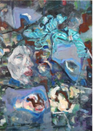 Abstraktes Gemälde mit wirbelnden blauen und grünen Formen, einem weißen Gesicht mit geschlossenen Augen und fragmentierten, teilweise verdeckten menschlichen Gesichtszügen in der gesamten Komposition.