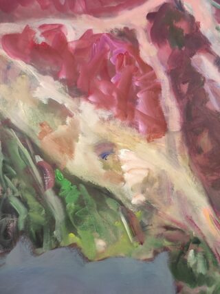 Abstraktes Gemälde mit wirbelnden Rot-, Rosa-, Grün- und Weißtönen, mit kräftigen Pinselstrichen und sanften Farbmischungen.