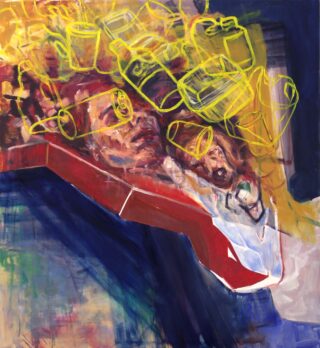 Ein abstraktes Gemälde mit einem teilweise verdeckten menschlichen Gesicht, roten geometrischen Formen und darüber geschichteten gelben Strichzeichnungen verschiedener Behälter.