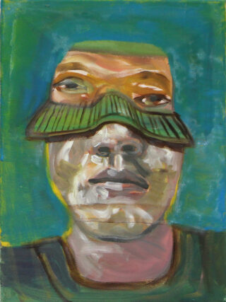 Ein gemaltes Porträt einer Person mit zwei übereinander liegenden Augenpaaren, wobei das obere Augenpaar teilweise von grünen Fransenformen vor einem blaugrünen Hintergrund bedeckt ist.