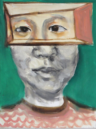 Ein gemaltes Porträt einer Person mit einem rechteckigen Rahmen um die Augen, vor einem grünen Hintergrund.