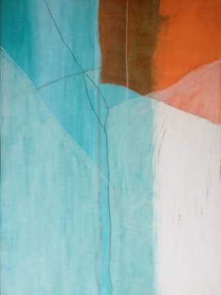 Abstraktes Gemälde mit sich überschneidenden Formen in Türkis-, Weiß-, Braun- und Orangetönen, wobei dünne dunkle Linien die Komposition durchziehen.