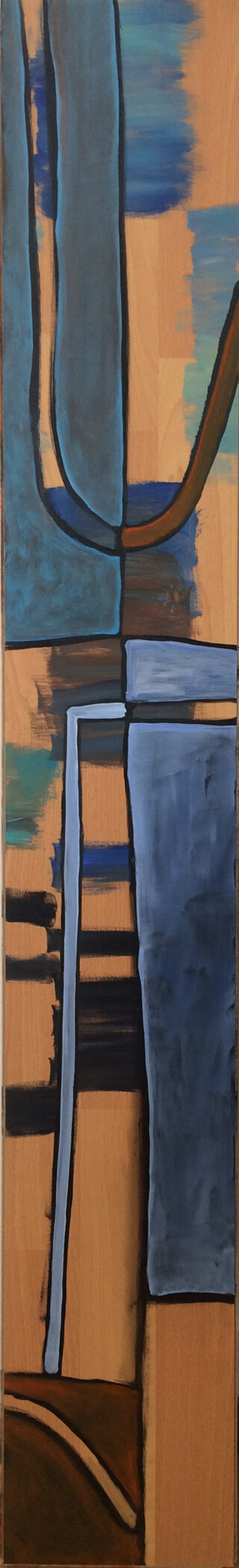 Abstraktes Gemälde mit geometrischen Formen und kräftigen, sich kreuzenden Linien in Blau-, Braun- und Hellbrauntönen auf einer vertikalen Holzleinwand.