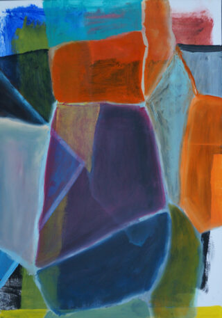 Abstraktes Gemälde mit überlappenden geometrischen Formen in Blau-, Orange-, Lila- und Grautönen mit sichtbaren Pinselstrichen und geschichteten Farben.