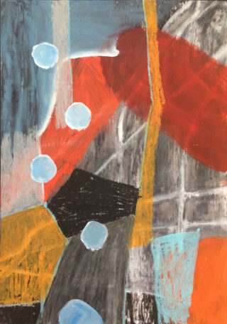 Abstraktes Gemälde mit geometrischen Formen in Schwarz, Gelb, Rot und Blau, durchzogen von weißen Linien und hellblauen Kreisen auf überwiegend grauem Hintergrund.