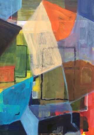 Abstraktes Gemälde mit überlappenden geometrischen Formen in Blau-, Grün-, Orange-, Braun- und Cremetönen mit sichtbaren Pinselstrichen und vermischten Kanten.