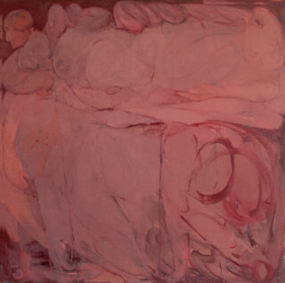 Abstraktes Gemälde in Rosa- und Rottönen mit weichen, wirbelnden Formen und überlappenden Gestalten ohne klare, deutliche Figuren.