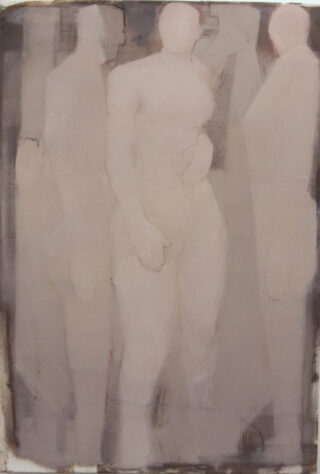 Ein Gemälde mehrerer gesichtsloser, nackter, aufrecht stehender menschlicher Figuren in sanften, gedämpften Farben und mit verschwommenen Umrissen.