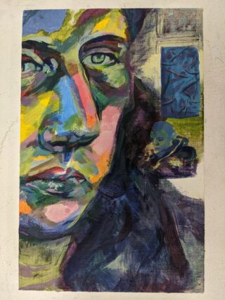 Buntes abstraktes Gemälde des Gesichts einer Person in Nahaufnahme auf der linken Seite, mit einer weiteren kleineren Figur und blauen Formen im Hintergrund auf der rechten Seite.