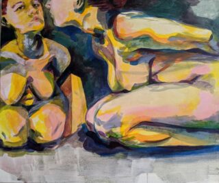 Abstraktes Gemälde einer nackten Figur, die sich nach vorne lehnt und in einen Spiegel schaut, mit farbenfrohen, breiten Pinselstrichen in Gelb-, Grün-, Rosa- und Blautönen.