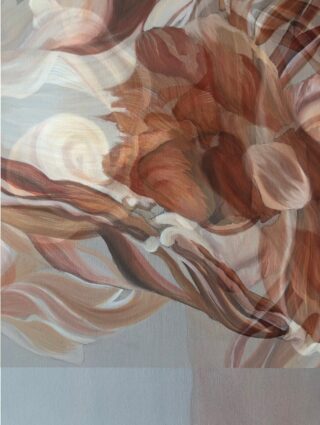 Abstraktes Gemälde mit wirbelnden, geschichteten Pinselstrichen in erdigen Braun-, Beige- und Cremetönen, die ein Gefühl fließender Bewegung über die Leinwand erzeugen.