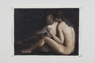 Ein Gemälde von zwei nackten Personen, die vor einem dunklen Hintergrund eng beieinander sitzen, wobei sich eine Figur auf die Schulter der anderen stützt.