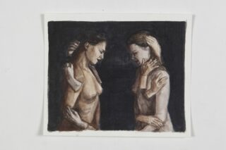 Ein Gemälde von zwei einander gegenüberstehenden Frauen vor einem dunklen Hintergrund, die jeweils mit mehreren Händen ihren eigenen Hals und ihre Schultern berühren.