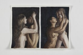 Zweiteiliges Gemälde mit nackten Frauen; das linke Bild zeigt zwei Frauen in enger Umarmung, das rechte Bild zeigt eine Frau, die eine andere hochhebt; beide stehen sich vor einem dunklen Hintergrund gegenüber.