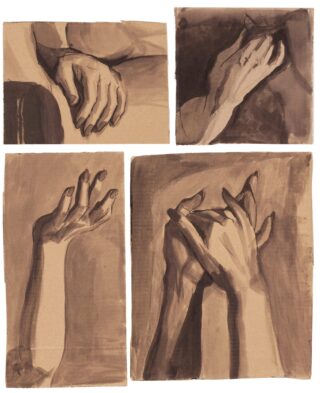 Es werden vier Sepia-Skizzen von Händen gezeigt: eine ruhende Hand, eine hält einen Bleistift, eine mit nach oben gespreizten Fingern und ein Paar mit ineinander verschränkten Fingern.