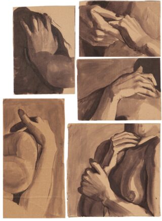 Fünf sepiafarbene Skizzen von Händen, die verschiedene Teile des menschlichen Körpers berühren, darunter Kopf, Schulter, Brust und Hals, gezeichnet auf braunem Papier.
