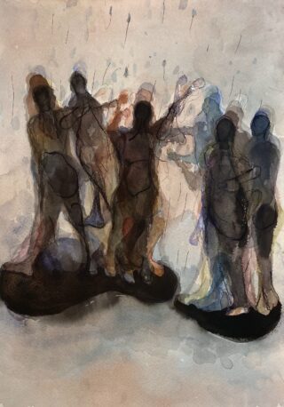 Aquarellmalerei überlappender, halbtransparenter menschlicher Silhouetten in gedämpften Tönen, mit verschwommenen Umrissen und zwei dunklen Hauptfiguren im Vordergrund.