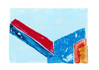 Abstraktes Gemälde mit einem roten diagonalen Balken, blauen strukturierten Formen und zwei kleineren orangefarbenen Rechtecken auf hellblauem Hintergrund.