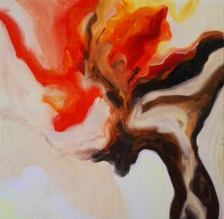 Abstraktes Gemälde mit wirbelnden braunen, schwarzen und orangefarbenen Formen, die einer Figur ähneln, aus deren Kopf vor einem hellen Hintergrund leuchtendes Rot und Orange fließen.