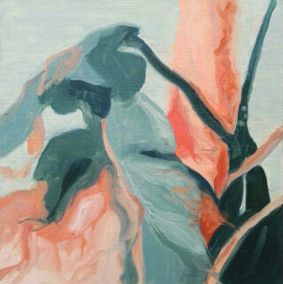 Abstraktes Gemälde mit fließenden blaugrauen und pfirsichfarbenen Pinselstrichen mit schwarzen Linien, die eine organische und dynamische Komposition erzeugen.