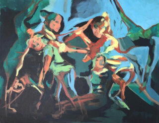 Abstraktes Gemälde mit zwei interagierenden menschenähnlichen Figuren mit fließenden Pinselstrichen in Grün-, Blau-, Braun- und Orangetönen, die ein dynamisches und ausdrucksstarkes Erscheinungsbild erzeugen.