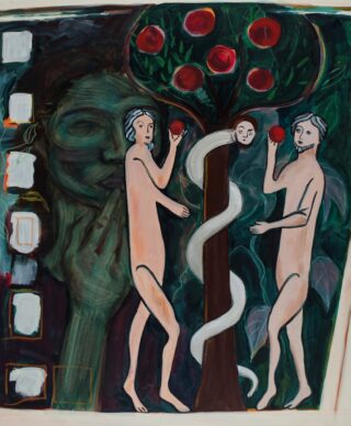 Auf einem Gemälde sind Adam und Eva zu sehen, die am Baum der Erkenntnis stehen. Jeder hält einen Apfel in der Hand. Um den Stamm windet sich eine Schlange, im Hintergrund ist ein Gesicht zu sehen.