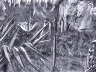 Schwarz-Weiß-Zeichnung eines Waldes mit scharfen, gezackten Ästen im Vordergrund und dichten, strukturierten Bäumen im Hintergrund.