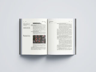 Offenes Buch mit zwei Textseiten. Auf der linken Seite ist ein kleines Luftbild von Häusern zu sehen; die rechte Seite ist mit Text gefüllt. Der Hintergrund ist hell und glatt.