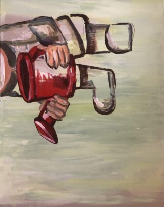Ein gemaltes Bild einer Hand, die einen roten Becher hält, aus dessen Arm vor einem gedämpften grünen Hintergrund Rohre herausragen.