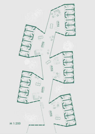 Architektonischer Grundriss mit drei segmentierten Flügeln, mehreren Räumen an den Rändern und gemeinschaftlichen Sitzbereichen im zentralen offenen Raum; Maßstab angegeben als 1:200.
