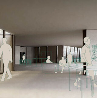 Innenarchitekturmodell mit umrissenen Figuren, die Menschen darstellen, die in einem modernen, offenen Raum mit großen Fenstern zwischen Tischen und Stühlen interagieren, sitzen und gehen.