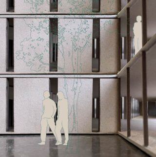 Architekturmodell mit ausgeschnittenen Personensilhouetten und einer Baumdarstellung, das mehrere Gebäudeebenen mit vertikalen Fensterschlitzen zeigt.