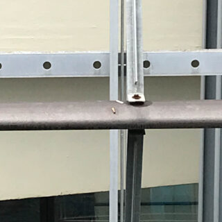 Ein Metallträger und vertikale Stützen mit Löchern, vor einer hellen Wand und einem Fenster betrachtet; auf dem Träger sitzt ein kleines Objekt.