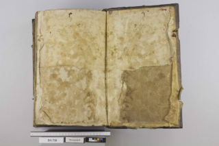 Ein altes, abgenutztes Buch, aufgeschlagen mit leeren, fleckigen Seiten und verzerrtem Einbandrand; Farb- und Maßskala unter dem Buch.