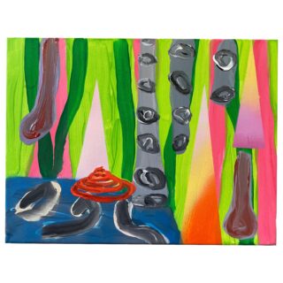 Abstraktes Gemälde mit vertikalen grünen, rosa und orangefarbenen Streifen, grauen geschwungenen Formen und einer roten Spiralform auf einem blauen Bereich unten links.