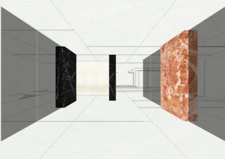 Ein minimalistischer Flur verfügt über schwarze und rote Marmorplatten, einen weißen Boden und eine weiße Decke sowie lineare architektonische Umrisse im Hintergrund.