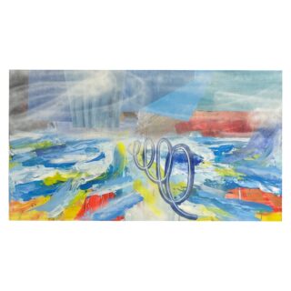 Abstraktes Gemälde mit wirbelnden blauen und weißen Pinselstrichen, mit gelben und roten Akzenten und einer zentralen Spiralform, die sich in die Ferne erstreckt.