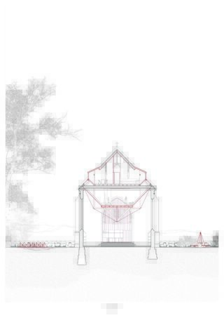 Architektonische Schnittzeichnung einer Kirche mit Strukturdetails in Rot, Bäumen und Landschaftselementen im Hintergrund und einer auf der rechten Seite sichtbaren Schaukel.