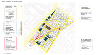Kartendiagramm mit Straßenverlauf, hervorgehobenen Zonen und Planungshinweisen für eine flexible und kooperative Stadtentwicklung in einem Stadtviertel. Textfelder beschreiben Beteiligungsmöglichkeiten und Schutzräume.