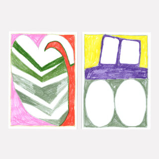 Zwei bunte abstrakte Zeichnungen.