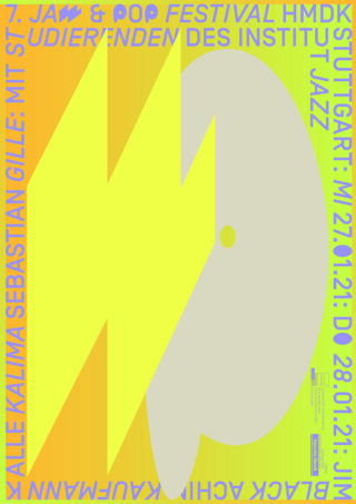 Kräftige gelbe Blitzgrafik mit überlappender abstrakter grauer Form auf einem Hintergrund mit Farbverlauf, umgeben von Veranstaltungsdetails in blauem und gelbem Text für ein Jazz- und Popfestival.