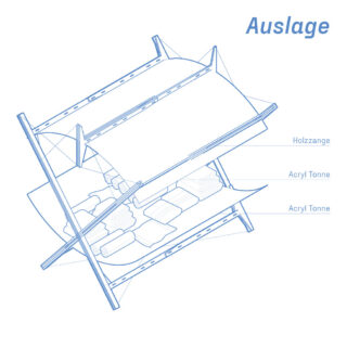 Technische Zeichnung eines Präsentationsständers mit den Teilen „Holzzange“ und „zwei Acryltonnen“ zur Aufnahme mehrerer rechteckiger Objekte.