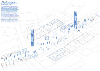 Axonometrisches Diagramm eines Flohmarkts im Freien mit verschiedenen Ständen, Tischen und Menschen; zwei hohe blaue Strukturen und umliegende Gebäude sind sichtbar.