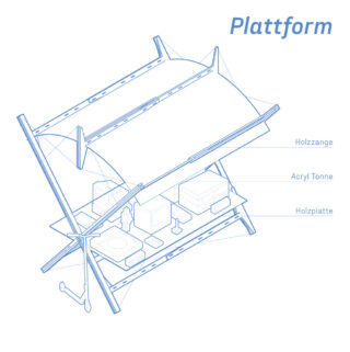 Eine technische Strichzeichnung zeigt eine zweistufige Plattform, die mit ihren Komponenten beschriftet ist: Holzstange, Acryltonne und Holzplatte.