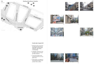 Auf der linken Seite ist ein Lageplan des Dorotheen Quartiers abgebildet, während auf der rechten Seite nummerierte Fotos verschiedener Straßenansichten und handgeführte Referenzbilder aus dem Gebiet angezeigt werden.