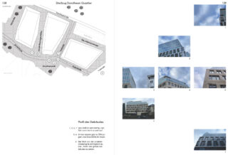Links ist ein Lageplan des Dorotheen Quartiers zu sehen, rechts sind Fotos moderner Gebäude mit Glasfassaden unter bewölktem Himmel zu sehen, jeweils mit einer Nummer gekennzeichnet.