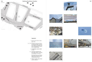 Zweiseitiges Layout mit einem Lageplan und Text auf der linken Seite und einem Raster mit neun nummerierten Architektur- und Stadtfotos auf der rechten Seite, die jeweils unterschiedliche Gebäudeelemente und Straßenszenen zeigen.