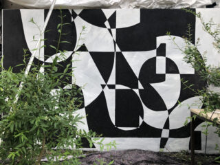 Im Freien hinter einigen grünen Blattpflanzen ist ein großes abstraktes Wandgemälde in Schwarzweiß mit geometrischen Formen zu sehen.