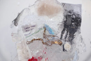 Verschiedene Objekte, darunter Papier, ein Foto, eine Blume und eine Schnur, sind in einem Block aus klarem Eis eingefroren.